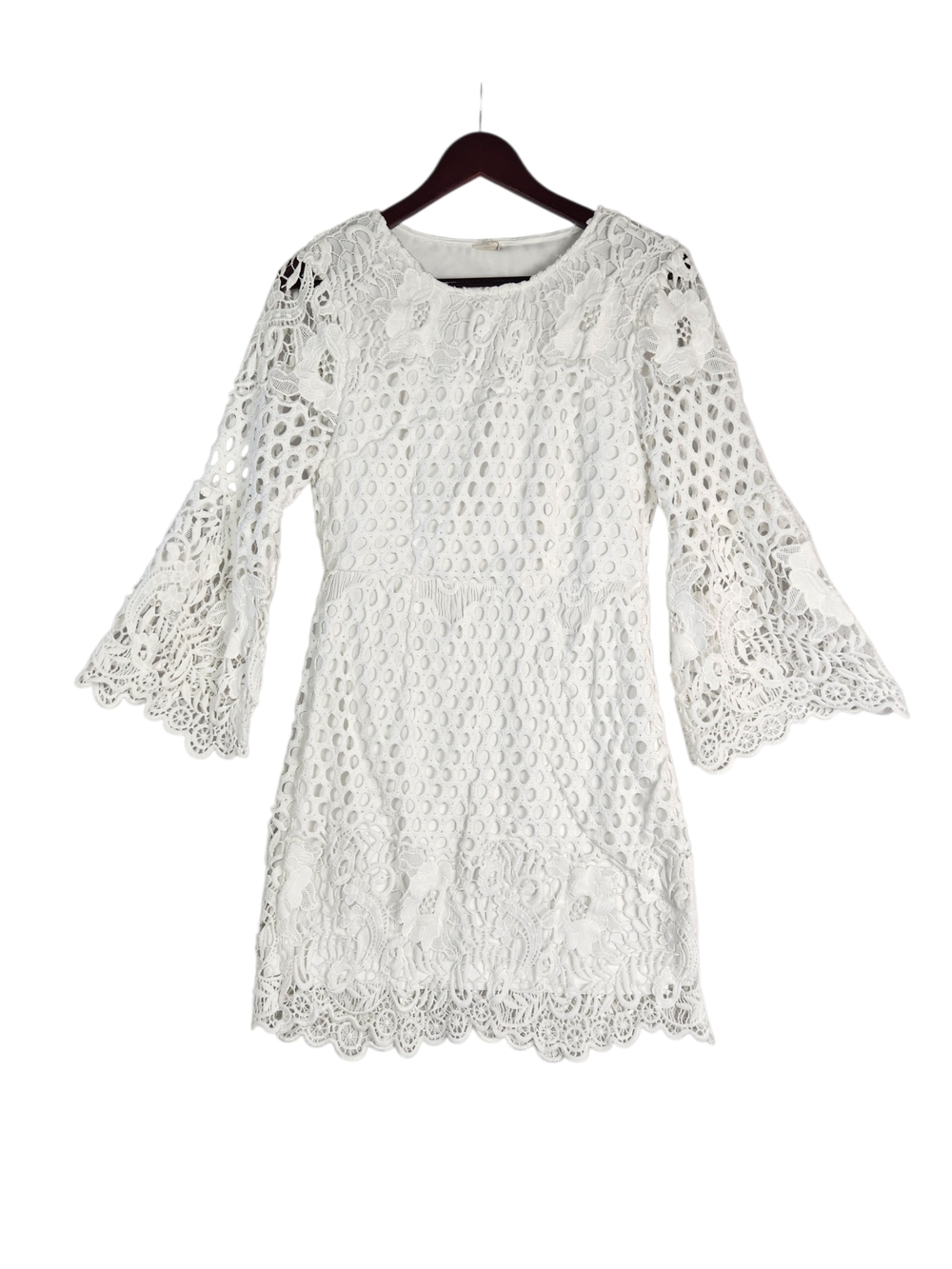 IJOAH WHITE  LACE CROCHET DRESS Sz L FITTED SHEATH 3/4 BELL SLEEVES Grannycore